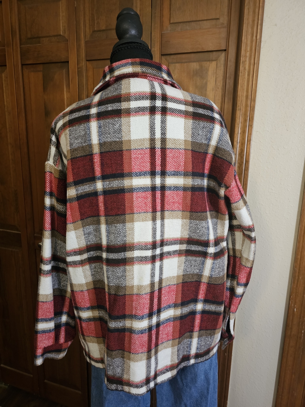 Red Cream Plaid Button-Up Shacket - Picture 3 of 4